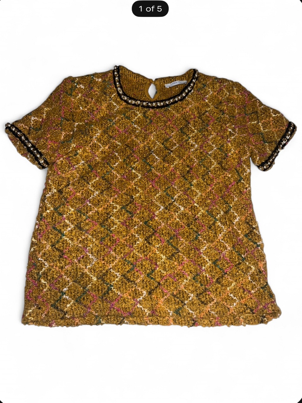 Zara Mustard Tweed Short Sleeve Top with Black Trim and pearl chain link detail